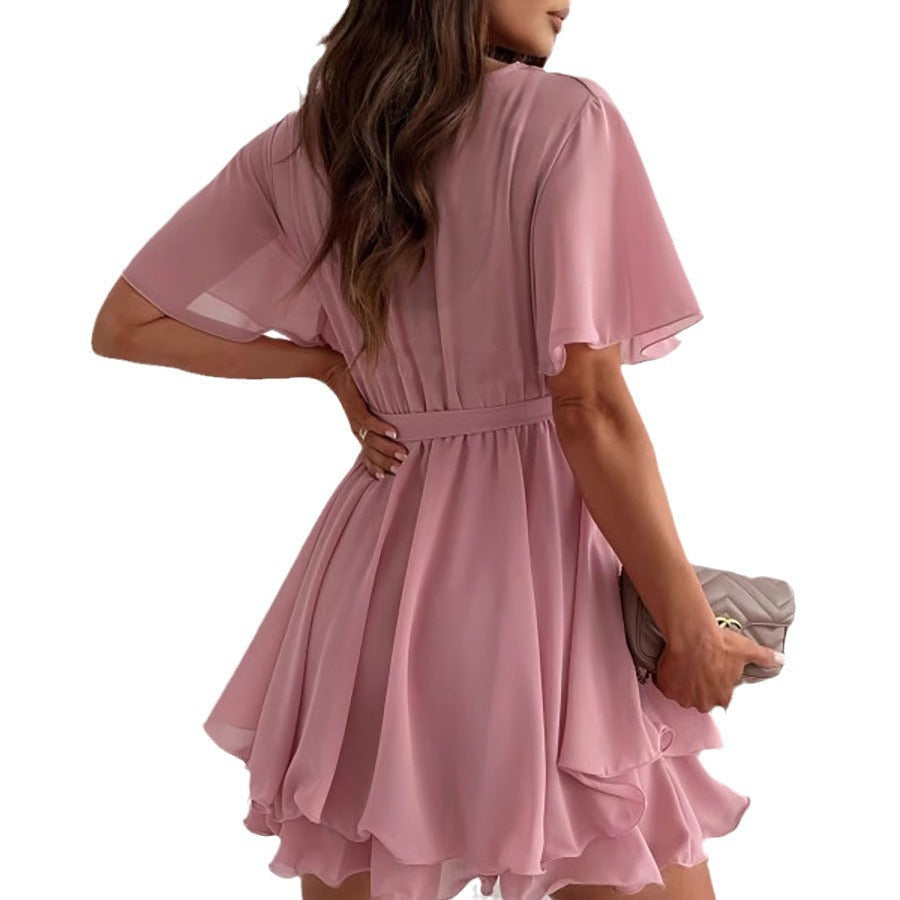 Damen luftiges Wickelkleid mit V-Ausschnitt und schwingendem Rock