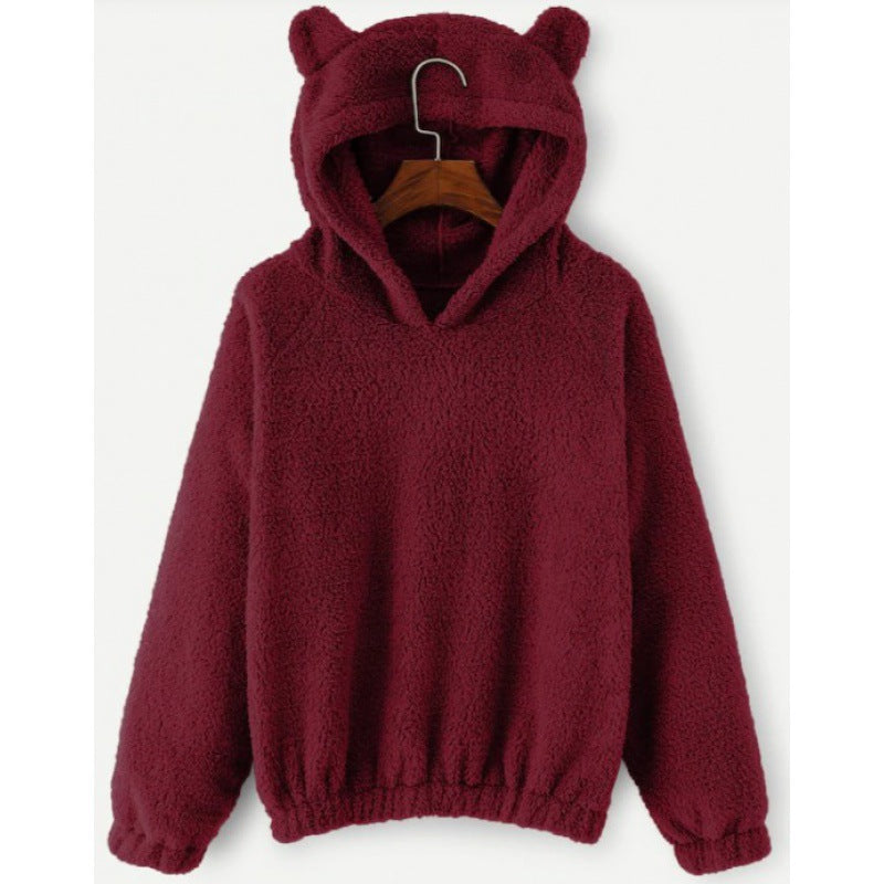 Damen Kuscheliger Teddy-Kapuzenpullover mit Bärenohren und Gummizugsaum Nord Taschen