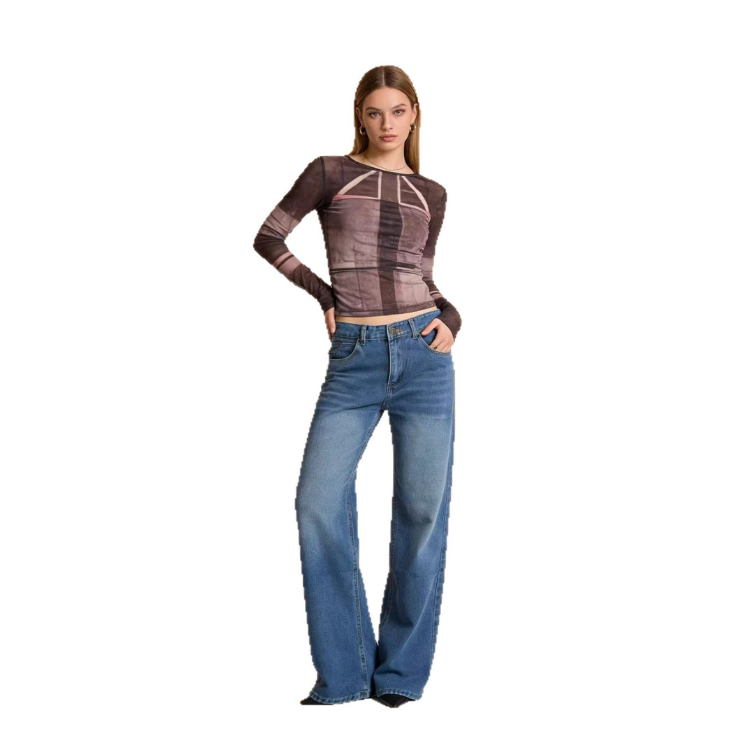 Damen hochgeschnittene Weitbein-Jeans mit tonaler Seitennaht und verwaschenem Verlauf Nord Taschen