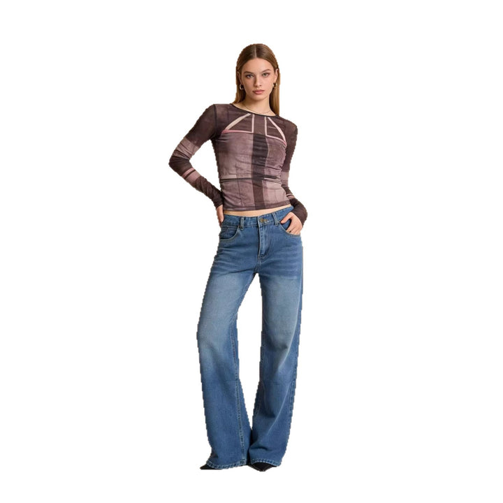 Damen hochgeschnittene Weitbein-Jeans mit tonaler Seitennaht und verwaschenem Verlauf Nord Taschen