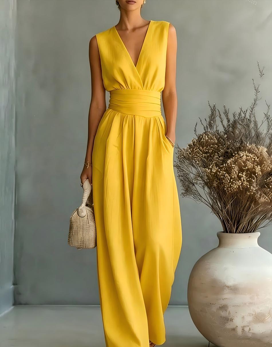 Eleganter Ärmelloser Jumpsuit mit Tiefem V-Ausschnitt, Taillenbund und Weitem Bein Avellé
