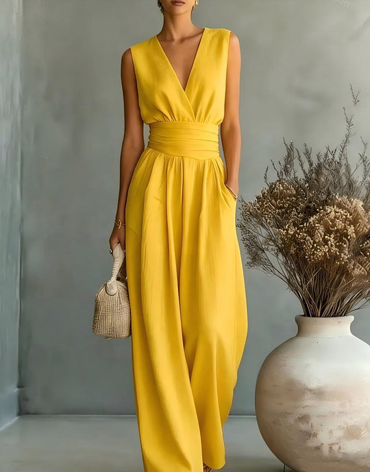 Eleganter Ärmelloser Jumpsuit mit Tiefem V-Ausschnitt, Taillenbund und Weitem Bein Avellé