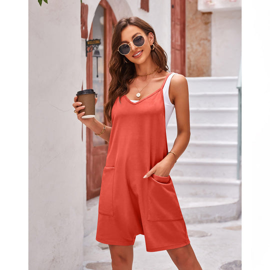 Damen komfortabler Overall mit tiefem Ausschnitt und praktischen Taschen