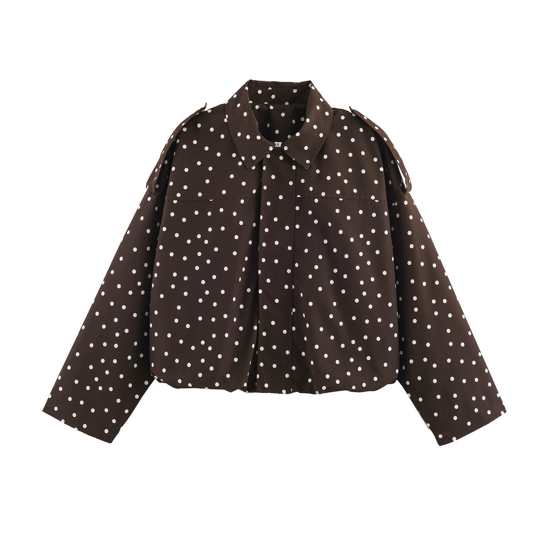 Damen Gepunktete Cropped Blusenjacke mit Hemdkragen und Schulterklappen Nord Taschen