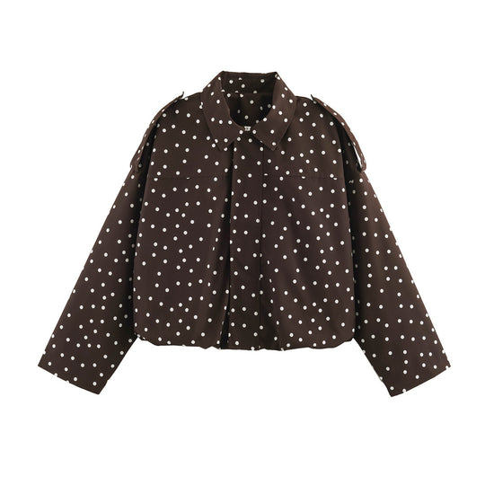 Damen Gepunktete Cropped Blusenjacke mit Hemdkragen und Schulterklappen Nord Taschen