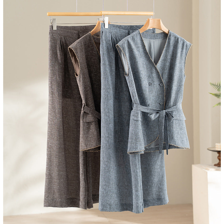 Damen Hochtaillierte Palazzo-Hose aus Leinenmix mit Bundfalten und elastischem Komfortbund Nord Taschen