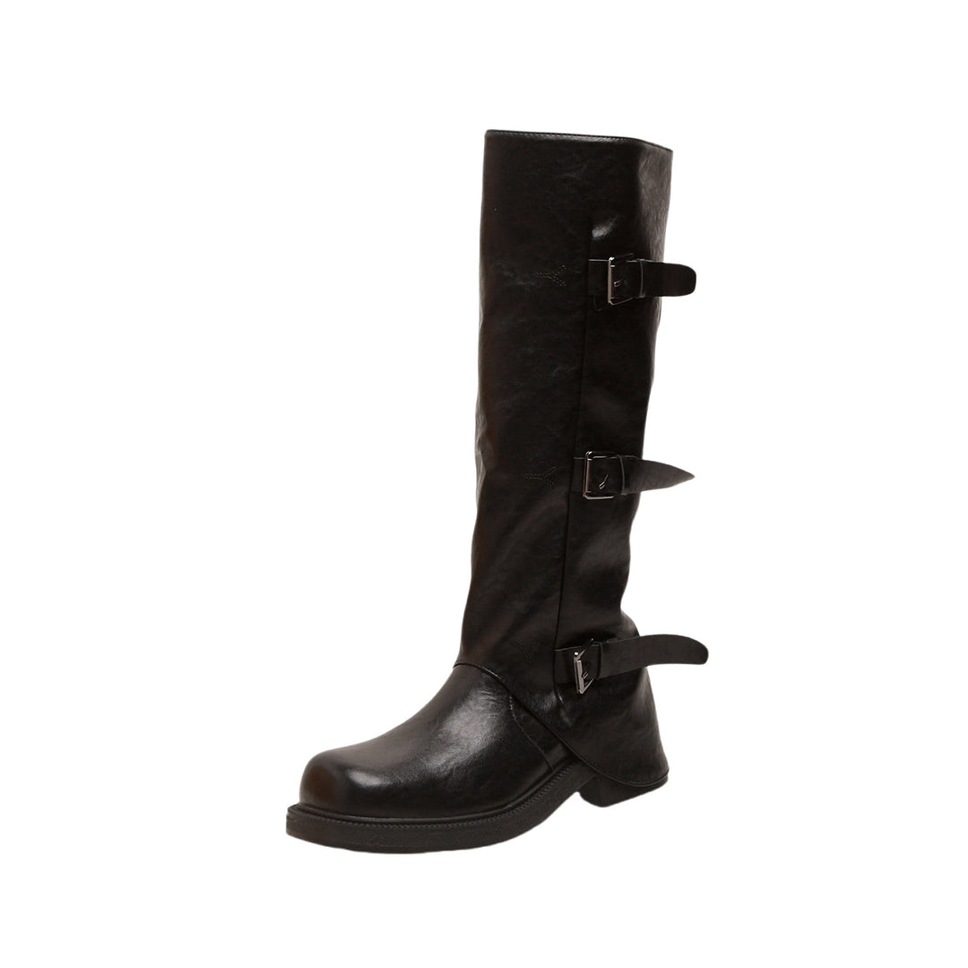 Damen Wadenhohe Stiefel mit dreifacher Gürtelschnalle und profilierter Plateausohle Nord Taschen