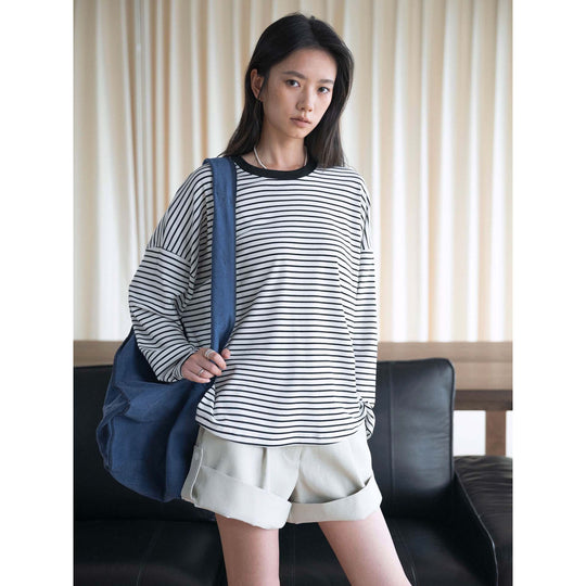 Damen Oversized Streifen-Langarmshirt mit kontrastierendem Rundhalsausschnitt Nord Taschen