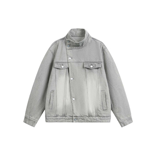 Unisex Boxy-Jeansblouson mit asymmetrischer Druckknopfblende und hohem Stehkragen Nord Taschen