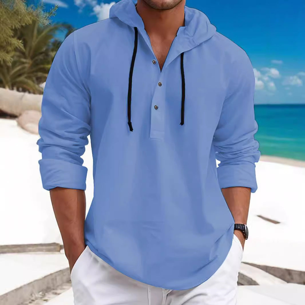 Herren nan sommerliches Hoodie-Henley mit verdeckter Knopfleiste, Kordelzug und gerundetem Saum