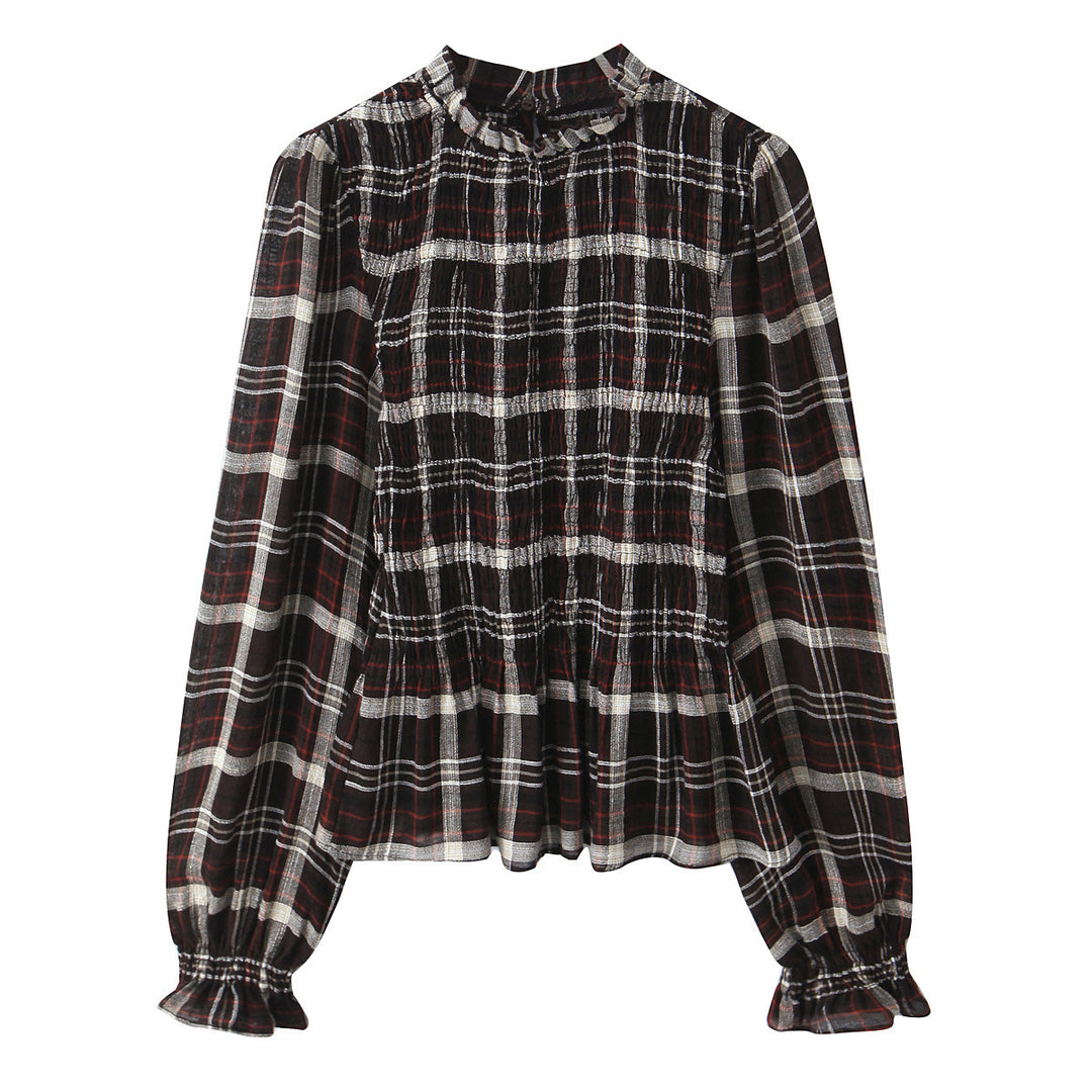 Damen Gestreifte Bluse mit Smok-Front, Stehkragen und Volant-Saum Nord Taschen