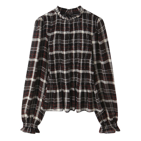 Damen Gestreifte Bluse mit Smok-Front, Stehkragen und Volant-Saum Nord Taschen