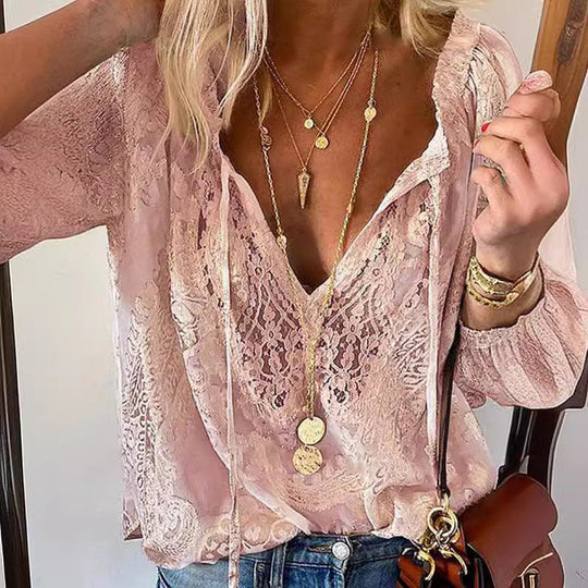 Damen Elegante und feminine Bluse mit V-Ausschnitt und Spitzenakzenten