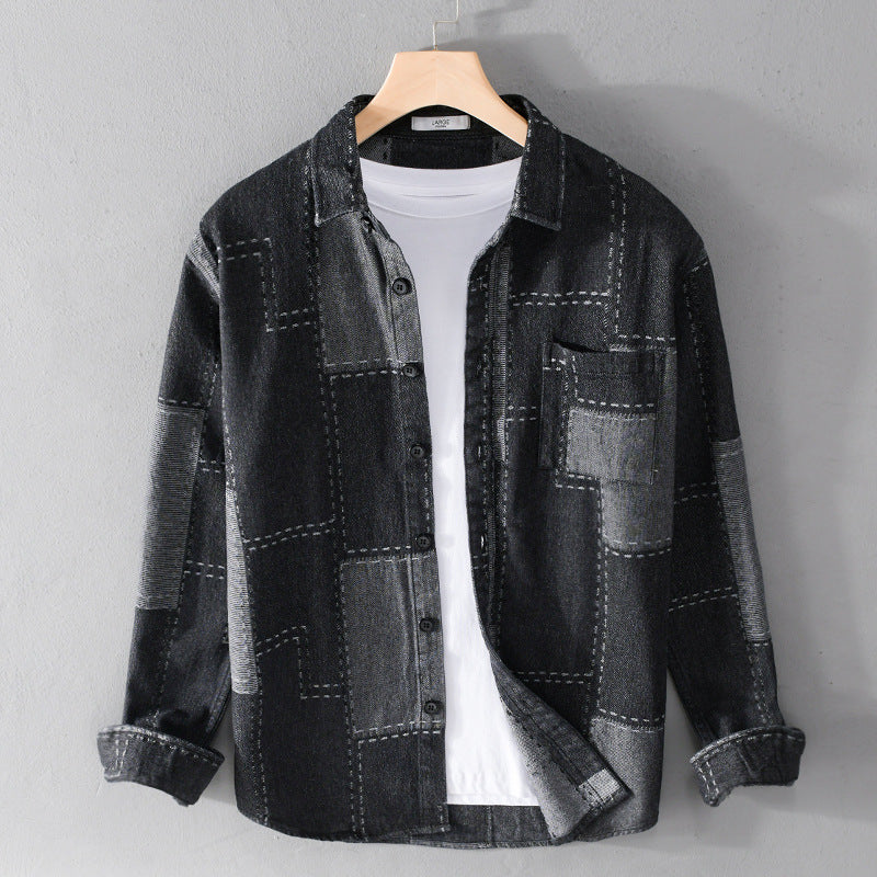 Herren Patchwork-Hemdjacke aus strukturiertem Denim mit sichtbarer Naht und Brusttasche Nord Taschen