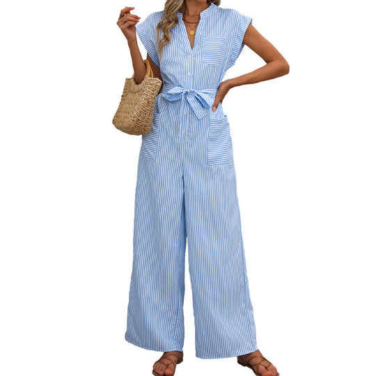 Damen Gestreifter Jumpsuit mit weitem Bein, Taillenschärpe und Hemdblusen-Detail Nord Taschen