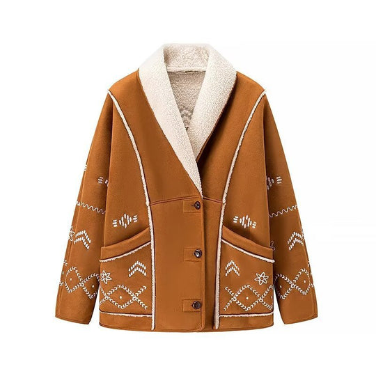 Damen Kurze Velourslederjacke mit Teddyfutter und Zierstickerei Nord Taschen