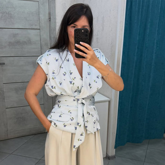 Damen Ärmellose Wickelbluse mit tailliertem Bindegürtel und Pattentaschen Nord Taschen