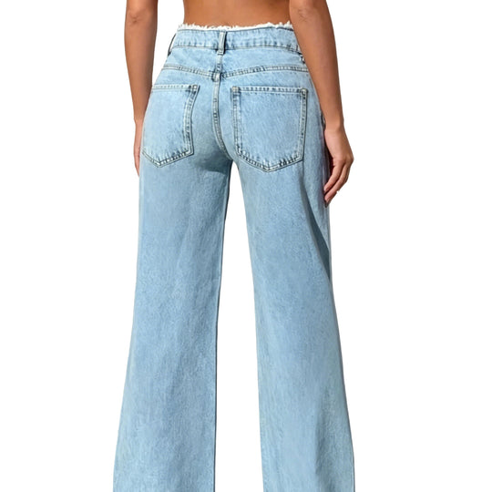 Damen High-Waist Schlagjeans mit rohem Bund und weitem Bein Nord Taschen