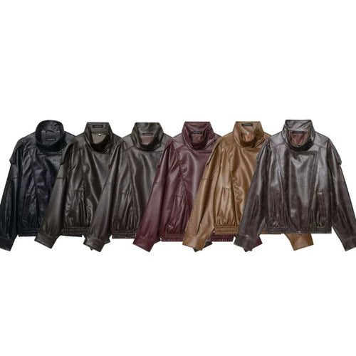 Damen Cropped Kunstleder‑Bomber mit asymmetrischer Druckknopfblende und Funnelkragen Nord Taschen