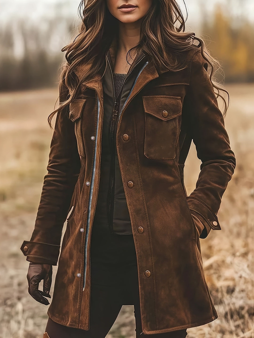 Damen Lange Wildleder-Safari-Jacke mit Pattentaschen und taillierter Silhouette Nord Taschen
