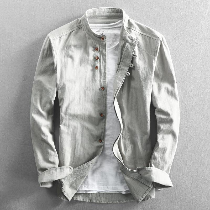 Herren Leichtes Baumwoll-Leinen Overshirt mit Stehkragen und Knopfleisten-Detail Nord Taschen