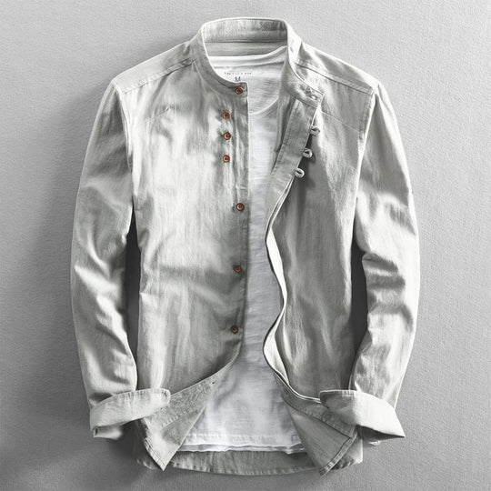Herren Leichtes Baumwoll-Leinen Overshirt mit Stehkragen und Knopfleisten-Detail Nord Taschen