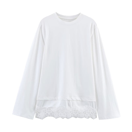 Damen Langärmeliges Oversize-Shirt mit Rundhalsausschnitt und Spitzenbesatz am Saum Nord Taschen