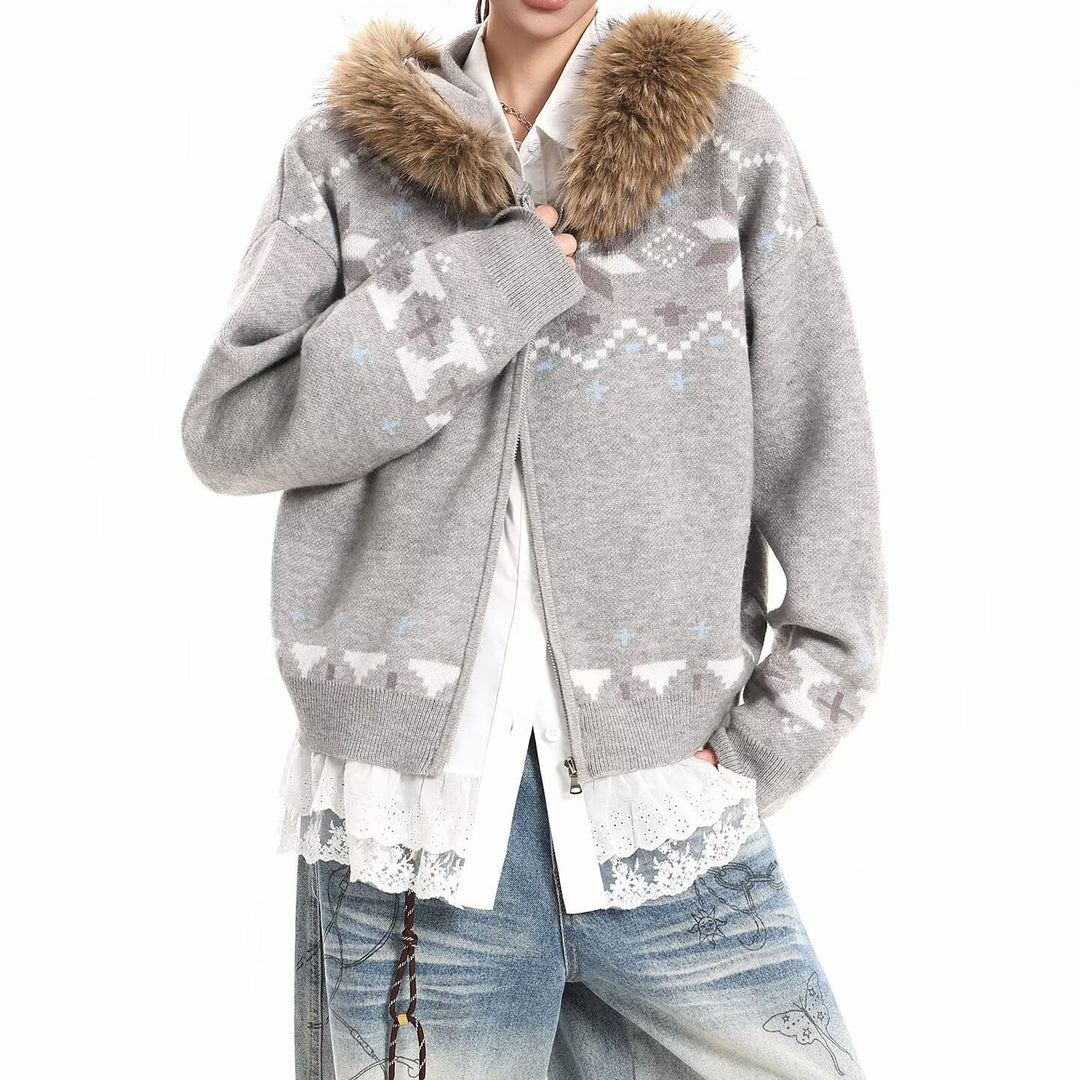 Damen Kapuzensweatjacke mit Kunstfell Kragen und Norweger-Muster Nord Taschen