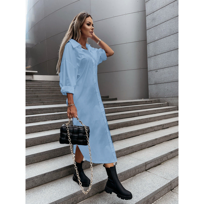 Damen Langes Oversize-Hemdblusenkleid mit durchgehender Knopfleiste, umgeschlagenen Ärmeln und tiefem Seitenschlitz Nord Taschen