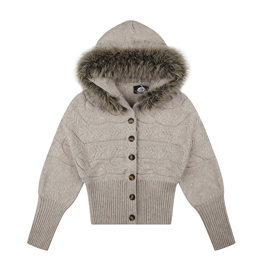 Damen Kapuzen‑Strickjacke mit Zopfmuster, Kunstfellbesatz und tailliertem Rippenbund Nord Taschen