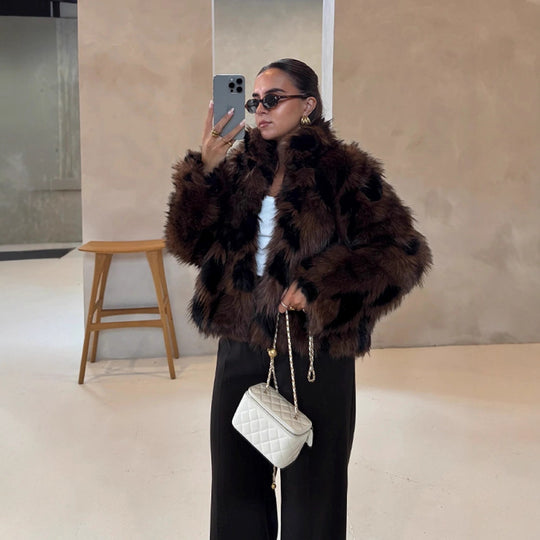 Damen Boxy-Kurzjacke aus Webpelz mit natürlicher Felloptik und breitem Schalkragen Nord Taschen
