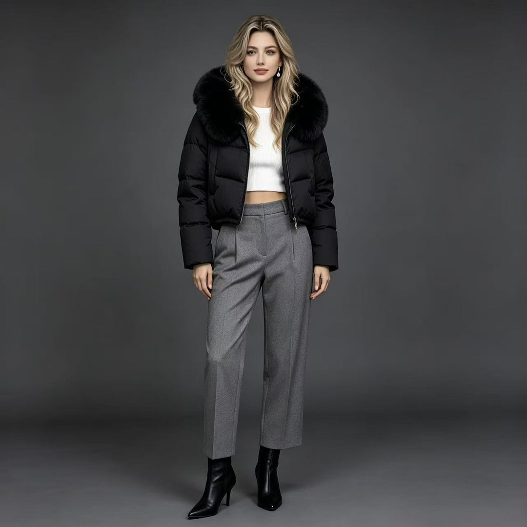 Damen nan kurze gesteppte Cropped-Pufferjacke mit voluminösem Kunstpelzkragen Nord Taschen