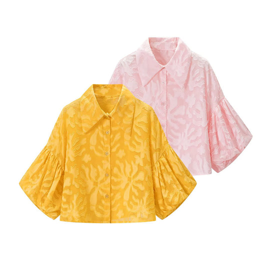 Damen Transparente Organza-Bluse mit weitem Schnitt, Volumenärmeln und Hemdkragen Nord Taschen