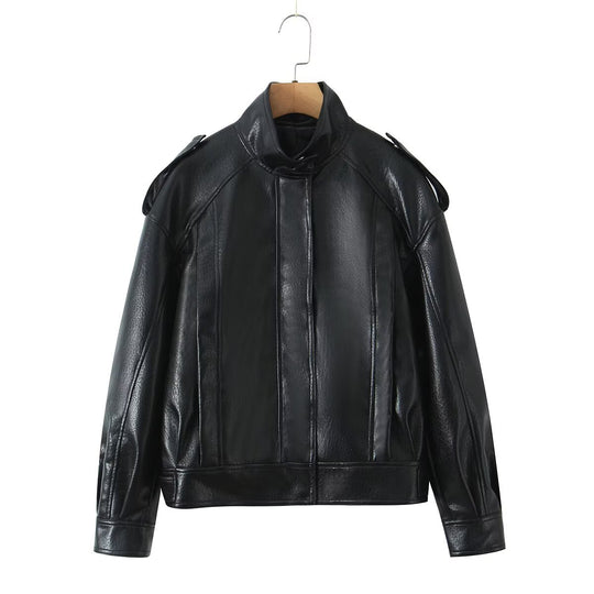 Damen Cropped Bomberjacke aus Kunstleder mit hohem Stehkragen und Schulterklappen Nord Taschen