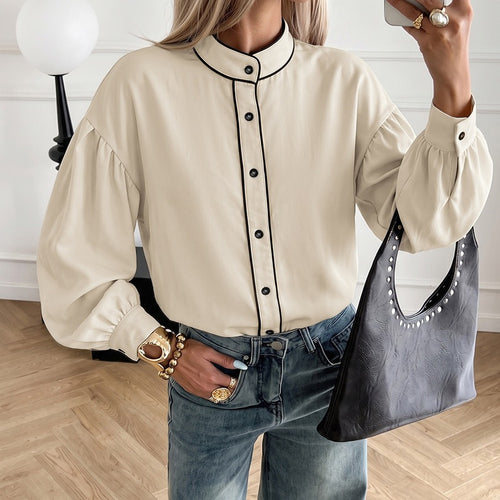 Damen Elegante Bluse mit Stehkragen und Puffärmeln Nord Taschen