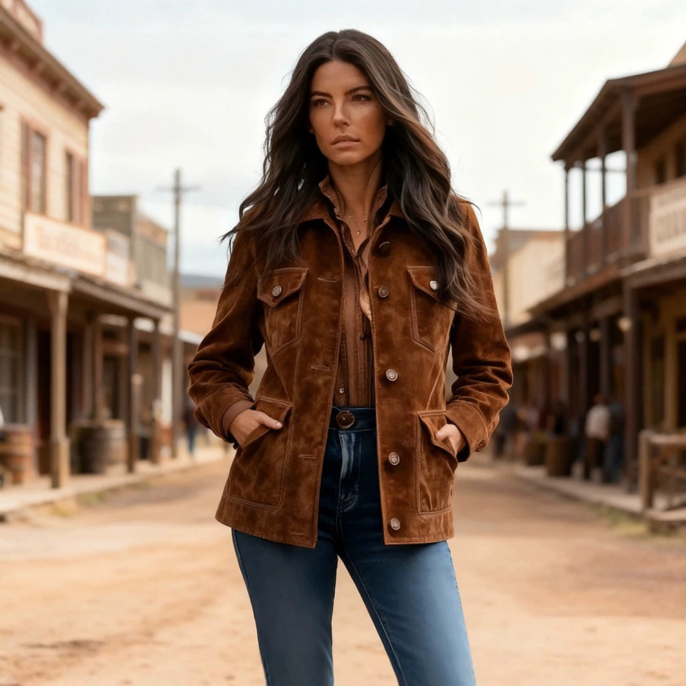 Damen Kurzjacke im Ranch‑Worker‑Look aus Wildlederoptik mit Pattentaschen und sichtbarer Knopfleiste Nord Taschen
