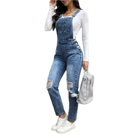 Damen Denim-Latzhose mit sculptendem High-Waist, seitlichen Zierknopfleisten und Ripped-Knieteil Nord Taschen