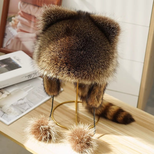Damen Wintermütze mit Ohrklappen, Bommel und Tierohren aus hochwertigem Kunstfell Nord Taschen