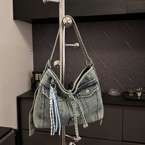 Damen lässige Denim Umhängetasche mit abnehmbarem Anhänger Nord Taschen