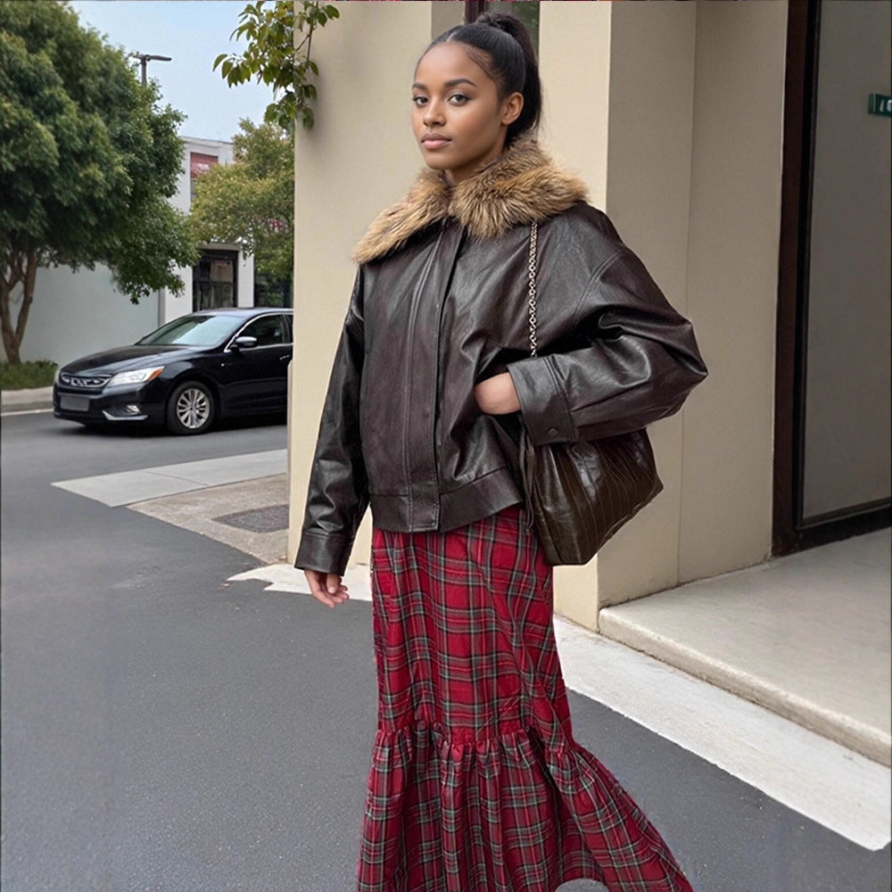 Damen Boxy Lederimitat-Blouson mit abnehmbarem Webpelzkragen und verdeckter Knopfleiste Nord Taschen