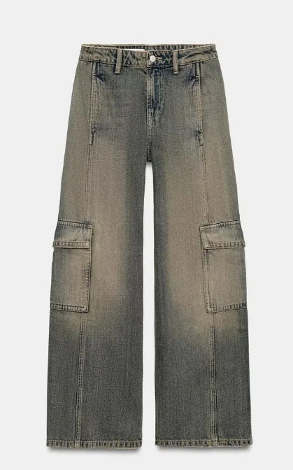 Damen Jeans‑Cargo‑Hose mit weitem Bein, Ziernähten und aufgesetzten Klappentaschen Nord Taschen