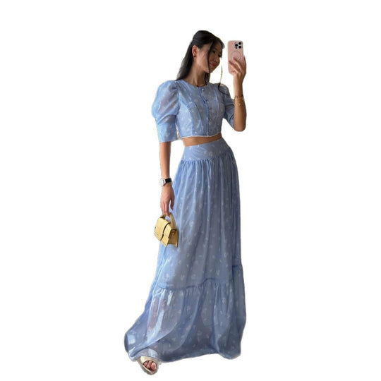 Damen Zweiteiliges Chiffon-Set mit Cropped-Puffbluse und Stufen-Maxirock Nord Taschen