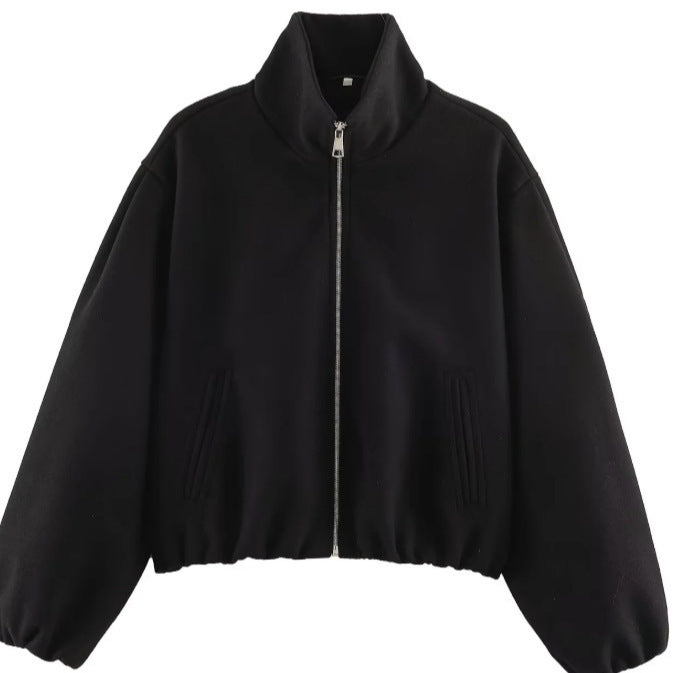 Damen Kurz geschnittene Bouclé‑Blousonjacke mit Stehkragen, elastischem Saum und Ballonärmeln Nord Taschen