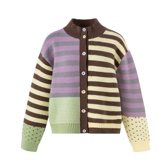 Damen Strickjacke im Patchwork-Streifenmix mit Stehkragen und Knopfleiste Nord Taschen