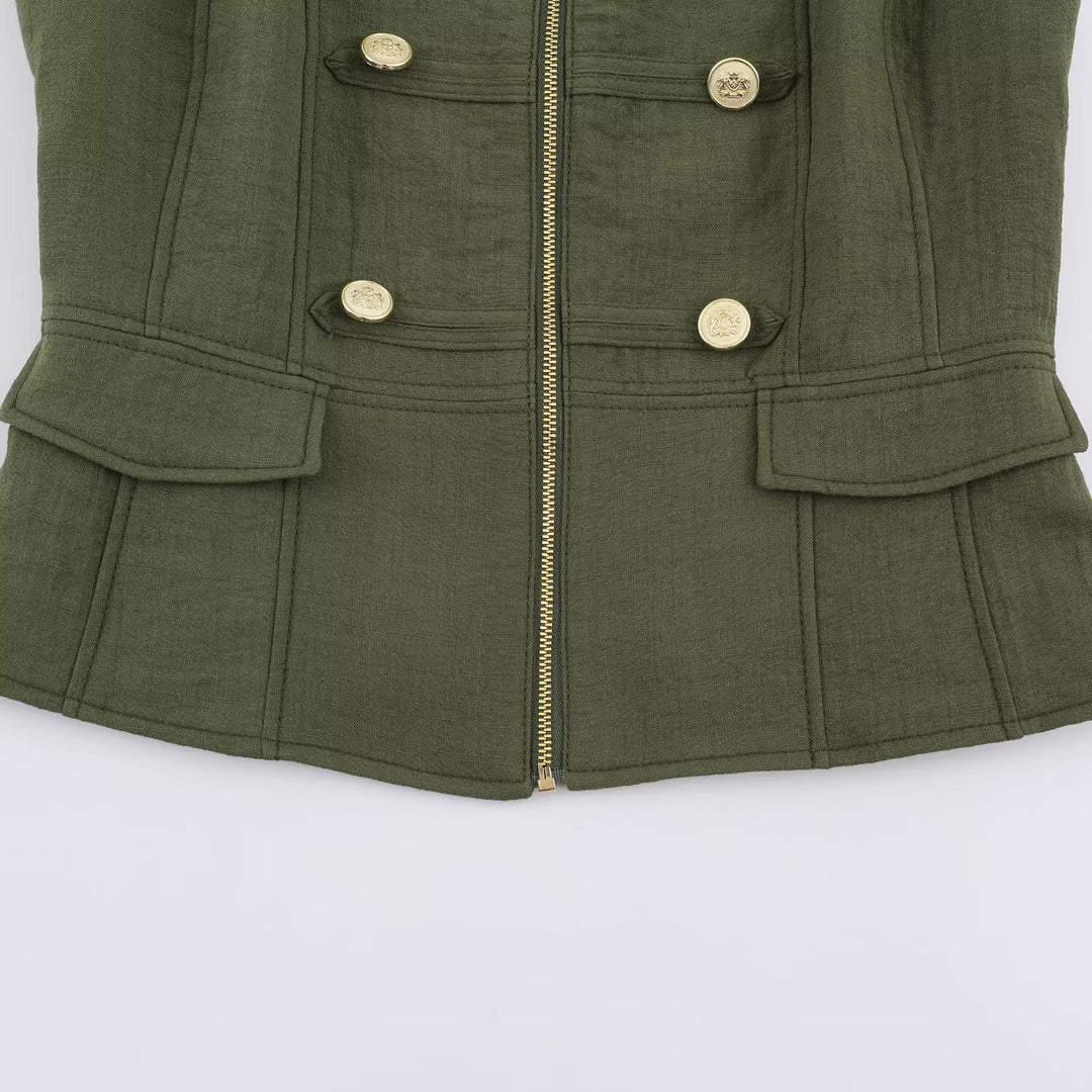 Damen Militärinspirierte taillierte Weste mit Stehkragen und Zierknopfleiste Nord Taschen