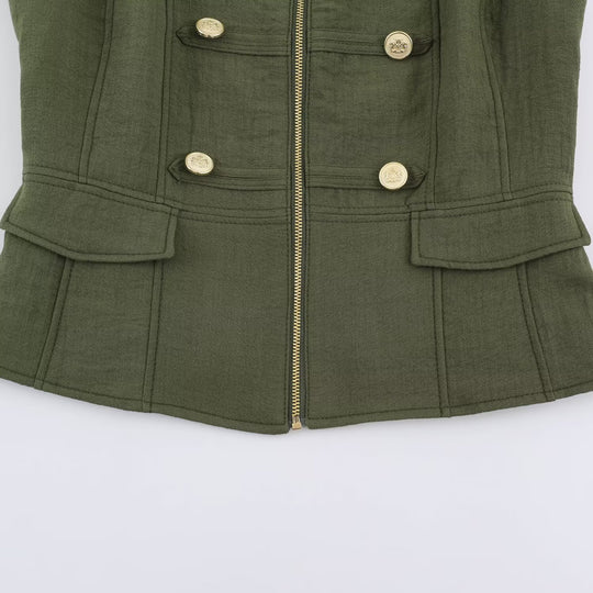 Damen Militärinspirierte taillierte Weste mit Stehkragen und Zierknopfleiste Nord Taschen