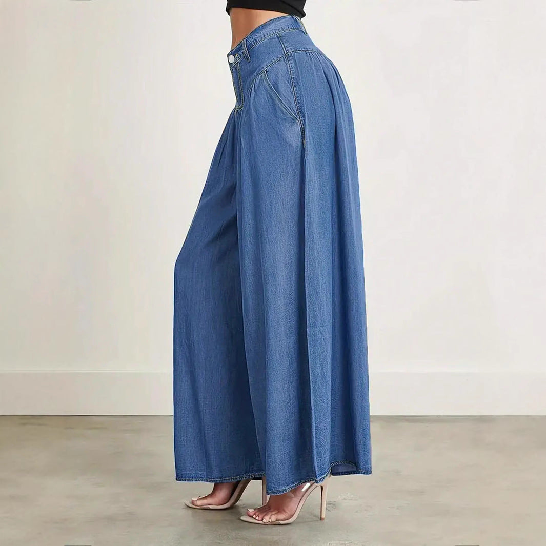 Damen Hochtaillierte Denim-Palazzohose mit geraffter Kellerfalte und extra weitem Bein Nord Taschen