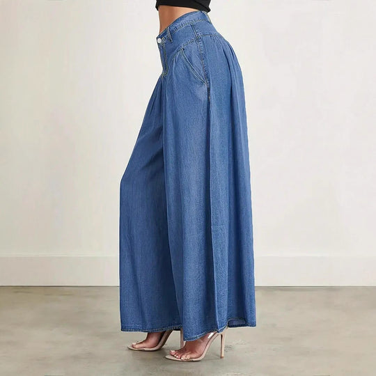 Damen Hochtaillierte Denim-Palazzohose mit geraffter Kellerfalte und extra weitem Bein Nord Taschen