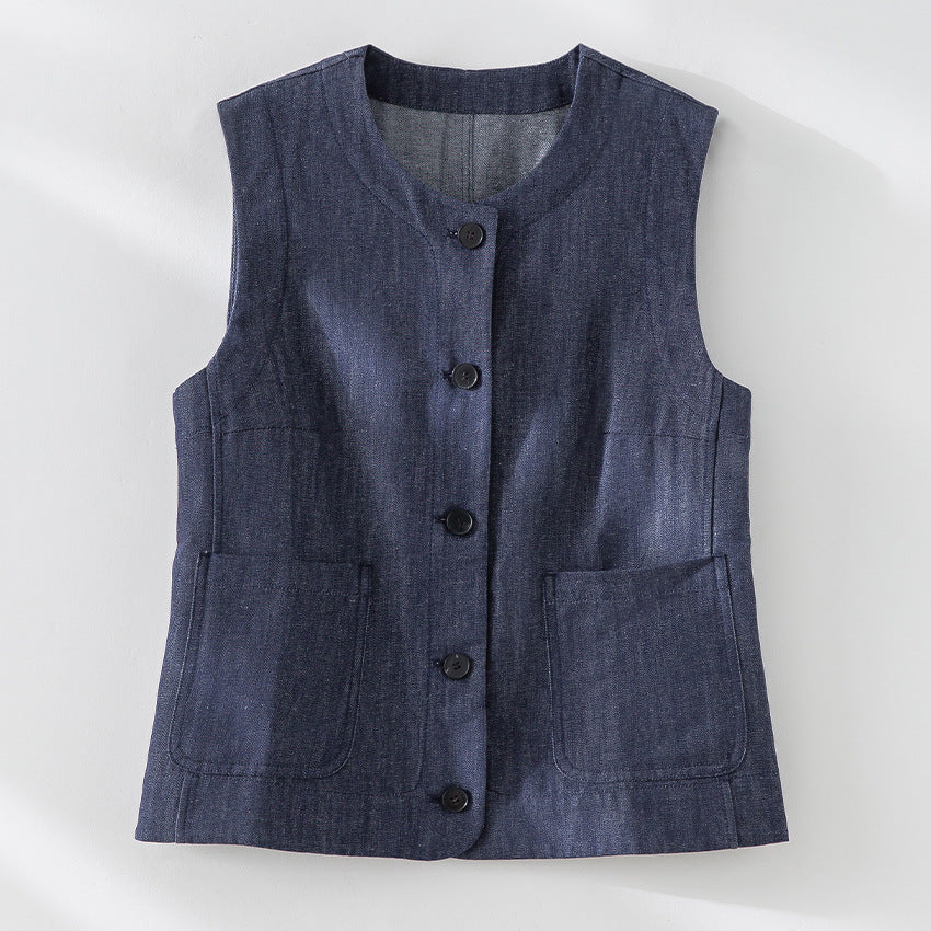 Damen Ärmellose leicht taillierte Weste aus Leinen-Denim mit Knopfleiste und aufgesetzten Taschen Nord Taschen