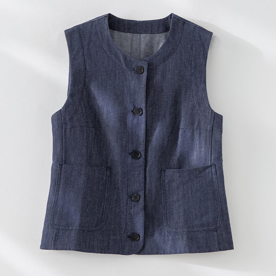Damen Ärmellose leicht taillierte Weste aus Leinen-Denim mit Knopfleiste und aufgesetzten Taschen Nord Taschen